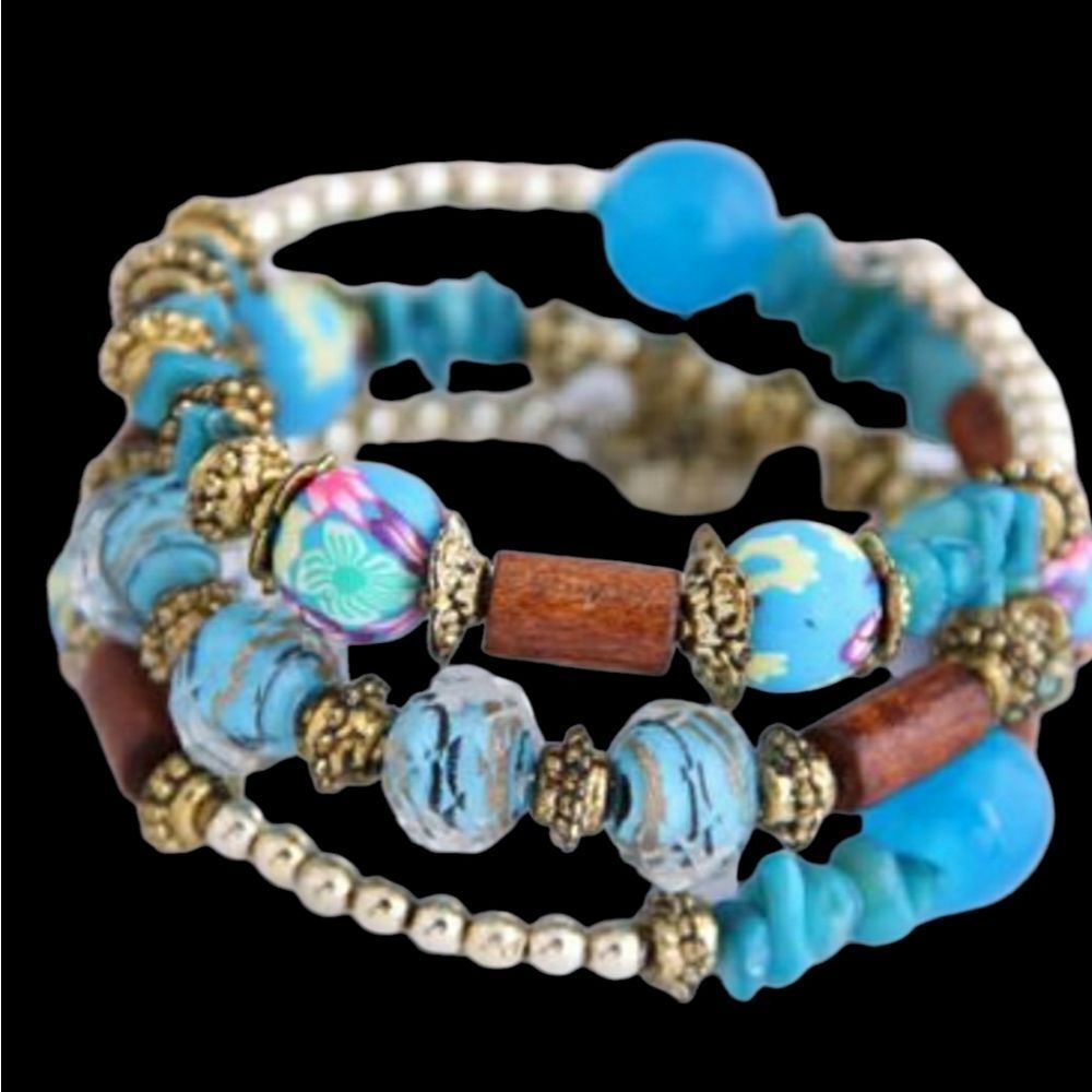 Beaded Memory Wire Bracelet In Turquoise Blue Boho - Picture 8 of 14